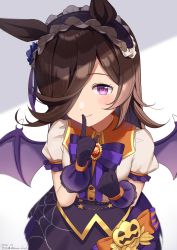 Rule 34 | 1girl, absurdres, animal ears, black hairband, black skirt, blush, bow, brown hair, center frills, closed mouth, commentary request, finger to mouth, frilled hairband, frills, hair over one eye, hairband, halloween, hand up, highres, hirota fruit, horse ears, looking at viewer, official alternate costume, puffy short sleeves, puffy sleeves, purple eyes, purple wings, rice shower (make up vampire!) (umamusume), rice shower (umamusume), shirt, short sleeves, shushing, skirt, smile, solo, striped, striped bow, umamusume, white shirt, wings