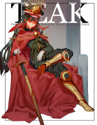 Rule 34 | 1girl, absurdres, artist name, belt, black hair, black pants, boots, buttons, chinese commentary, cloak, closed mouth, commentary request, english text, fate/grand order, fate (series), full body, gloves, gold footwear, hat, highres, katana, knee boots, koha-ace, leg up, long hair, long sleeves, looking at viewer, military, military hat, military uniform, oda nobunaga (fate), oda nobunaga (koha-ace), oda uri, pants, reclining, red cloak, red eyes, shaded face, sheath, sheathed, sidelocks, sitting, smile, solo, sword, taek ten, uniform, weapon, white gloves