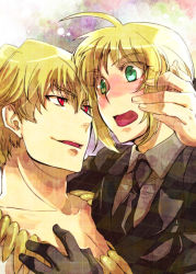 Rule 34 | 1boy, 1girl, artoria pendragon (all), artoria pendragon (fate), bad id, bad pixiv id, black gloves, blonde hair, blush, couple, fate/zero, fate (series), formal, gilgamesh (fate), gloves, green eyes, hetero, jewelry, long hair, necklace, necktie, pant suit, pants, ponytail, red eyes, saber (fate), suit, yu@genkoochu (5tsukino)