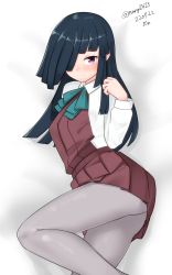 Rule 34 | 1girl, absurdres, black hair, blue bow, blue bowtie, bow, bowtie, brown dress, brown eyes, collarbone, dated, dress, dress shirt, grey pantyhose, hair over one eye, halterneck, hayashimo (kancolle), highres, hime cut, kantai collection, long hair, looking at viewer, lying, maru (marg0613), on side, pantyhose, pleated dress, school uniform, shirt, solo, twitter username, very long hair, white shirt