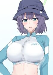 Rule 34 | 1girl, blue archive, blush, breasts, bucket hat, halo, hat, highres, large breasts, long sleeves, looking at viewer, official alternate costume, poshi (ginmokusei), purple hair, raglan sleeves, rash guard, saki (blue archive), saki (swimsuit) (blue archive), simple background, solo, steam, steaming body, sweatdrop, sweaty clothes, upper body, white background