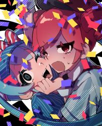 Rule 34 | 2girls, arm up, black necktie, blue dress, blue eyes, blue hair, blue hat, collared shirt, confetti, crying, dress, drill hair, hat, hatsune miku, highres, kasane teto, long hair, looking at viewer, mesmerizer (vocaloid), multicolored background, multiple girls, necktie, niki palette, one eye closed, open mouth, pink eyes, pink hair, puffy short sleeves, puffy sleeves, sharp teeth, shirt, short sleeves, smile, sparkling eyes, striped clothes, striped shirt, tears, teeth, tongue, tongue out, twin drills, twintails, upper body, utau, very long hair, visor cap, vocaloid