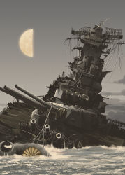 Rule 34 | battleship, commentary, grey sky, half moon, imperial japanese navy, matsuda juukou, military, military vehicle, moon, musashi (battleship), no humans, ocean, original, outdoors, ship, sinking, sky, vehicle focus, warship, watercraft