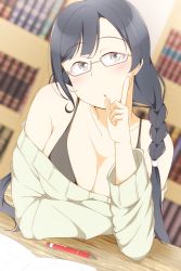 Rule 34 | 1girl, :o, artist name, artist request, bare shoulders, black hair, blue hair, blurry, blurry background, blush, book, bookshelf, braid, breasts, cleavage, collarbone, dark blue hair, elbow on table, female focus, glasses, grey eyes, hair over shoulder, highres, indoors, library, light brown sweater, long hair, looking at viewer, love live!, love live! nijigasaki high school idol club, medium breasts, nakagawa nana, off-shoulder sweater, off shoulder, parted lips, pen, pointing, pointing up, single braid, smile, solo, sweater, table, twintails, yuki setsuna (love live!)