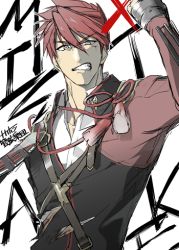 Rule 34 | 10s, 1boy, english text, lowres, male focus, military, military uniform, ookanehira (touken ranbu), red hair, short hair, simple background, solo, touken ranbu, uniform, white background