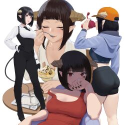 Rule 34 | 1girl, absurdres, ass, baseball cap, black hair, black nails, black pants, black shorts, black vest, blue shrug, blue sports bra, breasts, brown horns, carlo montie, closed eyes, commentary, covered erect nipples, covering own mouth, cup, demon girl, demon horns, drinking glass, facial mark, facing viewer, fingernails, forward facing horns, from behind, hat, highres, hime-sama &quot;goumon&quot; no jikan desu, hood, hood down, hooded shrug, horns, large breasts, looking at viewer, multiple views, nail polish, orange hat, pants, parfait, pointy ears, red eyes, shirt, short hair, shorts, simple background, sports bra, standing, torture tortura, utensil in mouth, vest, white background, white shirt