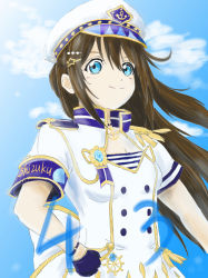 Rule 34 | 1girl, absurdres, alternate hairstyle, anchor, anchor necklace, anchor print, anchor symbol, aqua eyes, aqua ribbon, armband, artist name, artist request, badge, black choker, black gloves, blue armband, blue bow, blue eyes, blue gloves, blue ribbon, blue sky, blush, bow, breasts, brown hair, buttons, choker, cleavage, cloud, collarbone, curly hair, dated, day, dress, earrings, epaulettes, female focus, floating hair, gem, gloves, gold trim, hair between eyes, hair ornament, hairclip, half gloves, half updo, hat, high collar, high ponytail, highres, jewelry, long hair, looking at viewer, love live!, love live! nijigasaki high school idol club, love live! school idol festival, love live! school idol festival all stars, miracle voyage (love live!), necklace, osaka shizuku, outdoors, parted lips, peaked cap, pearl (gemstone), pearl hair ornament, plaid, plaid dress, pleated, pleated dress, ponytail, ribbon, short sleeves, single epaulette, sky, smile, solo, star (symbol), star earrings, star hair ornament, star print, undershirt, upper body, wavy hair, white dress, white hat