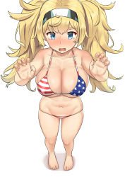Rule 34 | 1girl, absurdres, alternate costume, american flag bikini, american flag print, bad id, bad pixiv id, bare legs, bikini, blonde hair, blue eyes, blush, breasts, cleavage, collarbone, embarrassed, flag print, from above, gambier bay (kancolle), groin, hair between eyes, hairband, hands up, highres, hip focus, kantai collection, large breasts, long hair, messy hair, navel, open mouth, osananajimi neko, print bikini, revision, simple background, solo, stomach, swimsuit, tears, twintails, white background, worried