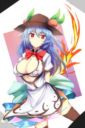 Rule 34 | 1girl, :&lt;, arms behind back, black hat, black thighhighs, blue eyes, blue skirt, bow, bowtie, bra, breasts, cleavage, food, fruit, hat, highres, hinanawi tenshi, large breasts, long hair, looking at viewer, peach, puffy short sleeves, puffy sleeves, red bow, red bowtie, red eyes, satou rin (gobugabuge), shirt, short sleeves, skirt, solo, standing, sword of hisou, thighhighs, touhou, underwear, white background, white bra, white shirt