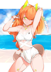 Rule 34 | 1girl, absurdres, android, arms up, bare arms, bare shoulders, beach, blue sky, blush, braid, casual one-piece swimsuit, choumi wuti (xueye fanmang zhong), closed mouth, cloud, cloudy sky, collarbone, copyright request, covered navel, day, green eyes, groin, headgear, highres, horizon, joints, long hair, ocean, one-piece swimsuit, one eye closed, orange hair, robot joints, sand, shide, sky, solo, swimsuit, tail, very long hair, virtual youtuber, water, white one-piece swimsuit