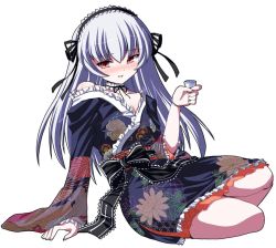 Rule 34 | 00s, 1girl, alcohol, alternate costume, doll joints, japanese clothes, joints, lolita fashion, new year, pale skin, red eyes, rozen maiden, sake, shinshin, silver hair, simple background, solo, suigintou, wa lolita, white background