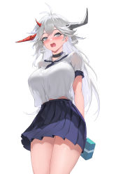 Rule 34 | 1girl, absurdres, alternate costume, ano (madoka23), arms behind back, asymmetrical horns, azur lane, black skirt, blush, box, breasts, cowboy shot, from below, full-face blush, gift, gift box, grey eyes, hakuryuu (azur lane), highres, holding, holding box, horns, large breasts, long hair, miniskirt, mismatched horns, open mouth, pleated skirt, red horns, school uniform, see-through silhouette, shirt, short sleeves, simple background, skirt, solo, white background, white hair, white horns, white shirt