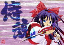 Rule 34 | 1girl, ainu clothes, artist name, blue eyes, bow, breasts, clenched hand, covering own mouth, fighting stance, fingerless gloves, gloves, hair bow, hair ribbon, highres, long hair, looking at viewer, monochrome, nakoruru, outstretched arm, purple hair, ribbon, samurai spirits, serious, small breasts, snk, solo, the king of fighters, weapon