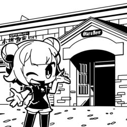 Rule 34 | 1girl, alternate costume, building, cevio, chibi, collared shirt, commentary request, double bun, english text, flipped hair, greyscale, hair bun, hand up, koharu rikka, looking at viewer, lowres, monochrome, moyasiwhite, one eye closed, open door, open mouth, otaru (hokkaido), outdoors, outstretched hand, polo shirt, real world location, second-party source, shirt, short hair, short shorts, short sleeves, shorts, smile, solo, standing, synthesizer v, thighhighs, v-shaped eyebrows