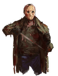 Rule 34 | 1boy, bald, black gloves, blood, bloody weapon, blue pants, brown coat, brown shirt, coat, commentary request, cropped legs, friday the 13th, gloves, highres, hockey mask, holding, jason voorhees, machete, male focus, mask, pants, ruukii drift, shirt, simple background, solo, sword, undead, weapon, white background
