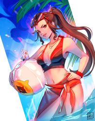 Rule 34 | 1girl, absurdres, ai: the somnium files, alinalal art, armpits, ball, beachball, breasts, brown hair, cleavage, collarbone, eyewear on head, hand on own hip, highres, holding, holding ball, jewelry, boss (ai the somnium files), legs, lipstick, looking at viewer, makeup, mature female, medium breasts, navel, necklace, red sarong, sarong, smile, sunglasses on head, thighs, wet