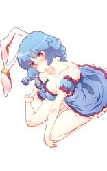 Rule 34 | 1girl, animal ears, bare legs, barefoot, blue dress, blue hair, blush, braid, breasts, collarbone, commentary request, covered erect nipples, dress, ear tag, foot grab, highres, large breasts, no bra, non (z-art), one-hour drawing challenge, panties, pantyshot, rabbit ears, red eyes, seiran (touhou), seiza, sitting, tag, thighs, tongue, tongue out, touhou, underwear