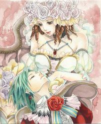 Rule 34 | 2girls, asellus (saga frontier), bad id, bad pixiv id, brown hair, closed eyes, curly hair, dress, earrings, eyelashes, flower, gradient background, green hair, hair flower, hair ornament, headdress, jewelry, lipstick, makeup, multiple girls, necklace, painting (medium), princess white rose, red lips, rose, saga, saga frontier, slinkyui, strapless, strapless dress, traditional media, watercolor (medium)