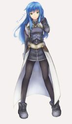 Rule 34 | 1girl, black pantyhose, blue hair, closed mouth, full body, gloves, green eyes, highres, long hair, looking at viewer, maria traydor, pantyhose, simple background, skirt, solo, star ocean, star ocean till the end of time, trutsmn