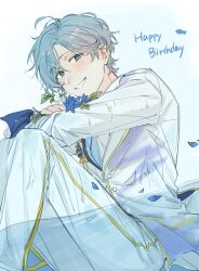 Rule 34 | 1boy, blazer, blue eyes, blue flower, blue hair, blush, buttons, chinese commentary, commentary, ensemble stars!, fish, flower, happy birthday, highres, jacket, knees up, leaf, long sleeves, looking at viewer, male focus, mango (naihowda), petals, shinkai kanata, short hair, sitting, smile, solo, teeth, water, white jacket
