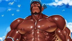 Rule 34 | 1boy, abs, archie (pokemon), bandana, bara, beard, black hair, cloud, cloudy sky, completely nude, creatures (company), cropped, dark-skinned male, dark skin, facial hair, from below, game freak, large pectorals, looking at viewer, male focus, muscular, na insoo, nintendo, nipples, nude, paid reward available, pectoral focus, pectorals, pokemon, pokemon oras, red eyes, shiny skin, sky, solo, sweatdrop