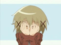 Rule 34 | 00s, 1girl, animated, animated gif, blonde hair, blush, brown eyes, brown hair, covering privates, covering face, covering own eyes, embarrassed, hidamari sketch, lowres, scared, short hair, solo, yuno (hidamari sketch)