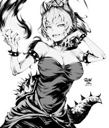 Rule 34 | 1girl, absurdres, artist name, bad id, bad pixiv id, bare shoulders, bowsette, bracelet, breasts, cleavage, collar, crown, dated, dress, fireball, greyscale, highres, horns, jewelry, jun2, large breasts, looking at viewer, mario (series), monochrome, new super mario bros. u deluxe, nintendo, open mouth, sharp teeth, simple background, solo, spiked bracelet, spiked collar, spikes, super crown, tail, teeth
