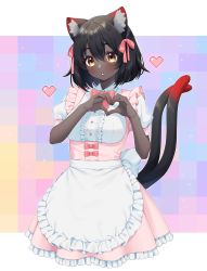 Rule 34 | 1girl, :o, absurdres, animal ears, apron, black hair, blush, bow, bowtie, breasts, cat ears, cat girl, cat tail, center frills, commentary, dark-skinned female, dark skin, dress, frilled apron, frilled dress, frills, hair ribbon, heart, heart hands, highres, looking at viewer, medium breasts, multicolored background, multiple tails, original, parted lips, pink bow, pink bowtie, pink dress, pink ribbon, puffy short sleeves, puffy sleeves, ribbon, sakura chiyo (konachi000), short hair, short sleeves, solo, sparkle, symbol-only commentary, tail, two tails, underbust, very dark skin, virtual youtuber, white apron
