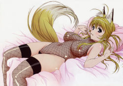 Rule 34 | 00s, 1girl, ahoge, animal ears, antenna hair, bare shoulders, bed, bed sheet, blonde hair, blush, bodysuit, breasts, breasts apart, covered navel, detexted, finger to mouth, fishnet thighhighs, fishnet top, fishnets, fox ears, fox tail, from side, groin, halterneck, highleg, highleg leotard, highres, indoors, kanokon, large breasts, leotard, long hair, lying, minamoto chizuru, no nose, official art, on back, on bed, pillow, purple eyes, scan, see-through, see-through leotard, shiny clothes, solo, tail, takami akio, thighhighs, third-party edit, turtleneck