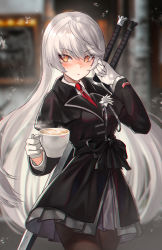 Rule 34 | 1girl, absurdres, black jacket, black legwear, blurry, blurry background, coffee, counter:side, cup, gloves, grey skirt, highres, hilde (counter:side), holding, holding cup, jacket, long hair, long sleeves, looking to the side, necktie, red necktie, skirt, sword, sword behind back, torriet, very long hair, weapon, white gloves, white hair, yellow eyes