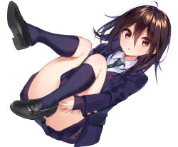 Rule 34 | 1girl, ahoge, black footwear, blue jacket, blue skirt, blue socks, blush, breasts, brown eyes, brown hair, collared shirt, commentary request, convenient leg, full body, green necktie, hair between eyes, jacket, kneehighs, loafers, long hair, long sleeves, looking at viewer, necktie, open clothes, open jacket, original, parted lips, plaid necktie, plaid neckwear, pleated skirt, purple sweater, school uniform, shirt, shoes, simple background, skirt, sleeves past wrists, small breasts, socks, solo, sushikuugo (suisen), sweater, white background, white shirt