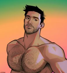 Rule 34 | 1boy, armpit hair, bara, black hair, brown eyes, chest hair, facial hair, gradient background, highres, large pectorals, male focus, manly, muscular, muscular male, nipples, original, parted lips, pectorals, seupil hyugo (spirohugo), short hair, simple background, solo, twitter username, upper body