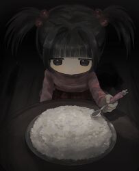Rule 34 | 1girl, black eyes, black hair, blunt bangs, child, dark room, floor, hair bobbles, hair ornament, highres, holding, holding spoon, hundredwell, jitome, long hair, long sleeves, original, plate, rice, sitting, solo, spoon, sweater, table, twintails