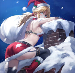 Rule 34 | 1girl, ass, bad id, bad twitter id, blonde hair, braid, breasts, fate/apocrypha, fate (series), french braid, fur-trimmed headwear, fur trim, green eyes, hat, highres, long hair, looking at viewer, mordred (fate), mordred (fate/apocrypha), parted bangs, ponytail, red hat, santa costume, santa hat, sidelocks, small breasts, solo, tonee