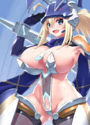 Rule 34 | 1girl, ahoge, artoria pendragon (fate), blonde hair, blue eyes, blush, breasts, cleavage, covered navel, fate/grand order, fate (series), gauntlets, hair through headwear, hat, helmet, highleg, highleg leotard, highres, large breasts, leotard, long hair, looking at viewer, mecha musume, mysterious heroine x (fate), mysterious heroine xx (fate), mysterious heroine xx (second ascension) (fate), navel, open mouth, ponytail, revealing clothes, scarf, shrug (clothing), solo, tsuzuki yoshio, twinmyniad (fate)
