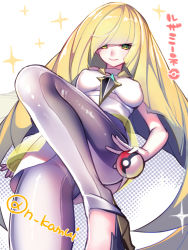 Rule 34 | 1girl, alternate color, bare arms, between breasts, blunt bangs, breasts, closed mouth, covered erect nipples, creatures (company), dress, from below, game freak, gem, high heels, holding, holding poke ball, impossible clothes, kamui natsuki, knee up, leggings, long hair, looking at viewer, lusamine (pokemon), lying, medium breasts, nintendo, on back, poke ball, poke ball (basic), pokemon, pokemon sm, polka dot, polka dot background, see-through, shiny clothes, short dress, smile, solo, sparkle, turtleneck, twitter username, very long hair, white background, white dress