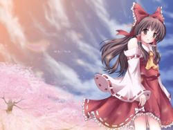 Rule 34 | 1girl, ascot, bare shoulders, blush, bow, brown eyes, brown hair, cherry blossoms, detached sleeves, duplicate, eyebrows, female focus, hair bow, hair tubes, hakurei reimu, long hair, looking at viewer, lzh, outdoors, red bow, red ribbon, red skirt, ribbon, ribbon-trimmed sleeves, ribbon trim, skirt, skirt set, sleeves past wrists, smile, solo, touhou, tree, vest, white ribbon