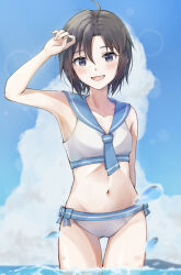 Rule 34 | 1girl, :d, antenna hair, arm up, armpits, arms behind back, bare shoulders, bikini, black eyes, black hair, blue bow, blue necktie, blue sailor collar, blue sky, blurry, blush, bokeh, bow, bow bikini, breasts, cloud, collarbone, commentary, cowboy shot, crop top, cumulonimbus cloud, curled fingers, day, depth of field, gluteal fold, groin, hair between eyes, hand up, idolmaster, idolmaster (classic), kikuchi makoto, looking at viewer, midriff, mogskg, navel, necktie, ocean, open mouth, outdoors, partially submerged, sailor bikini, sailor collar, sailor swimsuit (idolmaster), shading eyes, shirt, short hair, sky, sleeveless, sleeveless shirt, small breasts, smile, solo, standing, swimsuit, thigh gap, wading, water, water drop, white bikini, white shirt