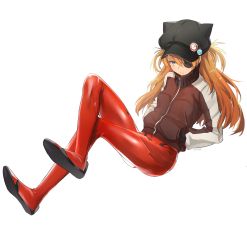 Rule 34 | 10s, 1girl, absurdres, animal hat, badge, blue eyes, bodysuit, closed mouth, crossed legs, evangelion: 3.0 you can (not) redo, eyepatch, full body, hands in pockets, hat, hieung, highres, jacket, long hair, looking at viewer, neon genesis evangelion, one eye covered, orange hair, pilot suit, plugsuit, rebuild of evangelion, red bodysuit, scowl, simple background, skin tight, solo, souryuu asuka langley, track jacket, white background, zipper