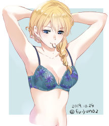 Rule 34 | 1girl, aqua background, aqua bra, armpits, arms behind head, arms up, blonde hair, blue eyes, bra, braid, breasts, cleavage, commentary, cropped torso, darjeeling (girls und panzer), dated, floral print, girls und panzer, hair tie in mouth, half-closed eyes, lace, lace-trimmed bra, lace trim, medium breasts, mouth hold, navel, outside border, print bra, short hair, solo, touma (tsunamiharuru), twin braids, twitter username, underwear, underwear only, upper body
