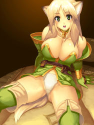 Rule 34 | 1girl, animal ears, arm support, bare shoulders, blonde hair, blush, boots, breast clinging, breasts, cleavage, collarbone, detached collar, elbow gloves, eyebrows, fantasy earth zero, gloves, green eyes, green footwear, green gloves, groin, highres, large breasts, looking at viewer, no pants, open mouth, panties, shiny skin, sitting, solo, spread legs, tail, teeth, thigh boots, thighhighs, underwear, white panties, yn red