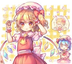 Rule 34 | 2girls, afro, alternate hairstyle, coa (chroo x), cutting hair, cutting own hair, flandre scarlet, hat, mob cap, multiple girls, plaid, plaid background, remilia scarlet, scissors, siblings, sisters, thought bubble, touhou, wings, x x