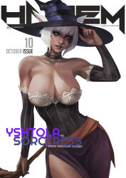 Rule 34 | 1girl, absurdres, animal ears, bare shoulders, breasts, cat ears, character name, cleavage, collarbone, cosplay, cover, dark-skinned female, dark skin, detached sleeves, dragon&#039;s crown, dress, facial mark, fake magazine cover, final fantasy, final fantasy xiv, grey eyes, hat, highres, large breasts, magazine cover, miqo&#039;te, monori rogue, neck tattoo, side slit, solo, sorceress (dragon&#039;s crown), sorceress (dragon&#039;s crown) (cosplay), staff, strapless, strapless dress, tattoo, whisker markings, white hair, witch hat, y&#039;shtola rhul
