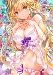 Rule 34 | 1girl, absurdres, babydoll, blonde hair, blush, breasts, cleavage, collarbone, covered erect nipples, fate/grand order, fate (series), floral background, hand on own chest, highres, jeanne d&#039;arc (fate), jeanne d&#039;arc (ruler) (fate), large breasts, light smile, lingerie, long hair, looking at viewer, navel, ogata tei, panties, solo, underwear, very long hair, yellow eyes