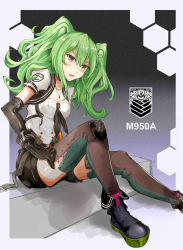 Rule 34 | 1girl, absurdres, adjusting clothes, adjusting legwear, ammunition pouch, ankle boots, black footwear, black gloves, black neckwear, black shorts, blush, boots, breasts, character name, choker, cleavage, collarbone, elbow gloves, floating hair, girls&#039; frontline, gloves, gosu (hako), green hair, hair between eyes, hand up, heart, highres, jewelry, knee pads, leaning forward, long hair, looking at viewer, m950a (girls&#039; frontline), medium breasts, messy hair, multicolored clothes, multicolored gloves, neckerchief, necklace, necktie, open mouth, pendant, platform boots, platform footwear, pouch, shirt, short sleeves, shorts, sidelocks, sitting, smile, solo, thighhighs, thighs, twintails, two side up, white shirt, yellow eyes