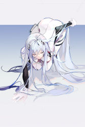 Rule 34 | 1girl, absurdly long hair, absurdres, all fours, alternate hair length, alternate hairstyle, arm at side, arm support, ass, ayanami rei, blue hair, bodysuit, breasts, closed eyes, closed mouth, evangelion: 3.0+1.0 thrice upon a time, expressionless, eyelashes, facing viewer, from above, full body, gradient background, grey background, grey theme, hairpods, hand up, highres, holding, holding own hair, interface headset, large breasts, light blue hair, limited palette, long eyelashes, long hair, neon genesis evangelion, on floor, pilot suit, plugsuit, rebuild of evangelion, shadow, simple background, solo, straight hair, taiz22, very long hair, white bodysuit, white theme