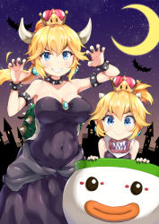 Rule 34 | 2girls, absurdres, armlet, bare shoulders, bat (animal), bib, black dress, black nails, blonde hair, blush, bowsette, bowsette jr., bracelet, breasts, brooch, claw pose, cleavage, collar, collarbone, covered navel, crescent moon, crown, dress, earrings, fang, fang out, fingernails, forked eyebrows, grin, hair between eyes, halloween, hands up, highres, horns, jewelry, koopa clown car, large breasts, long hair, looking at viewer, mario (series), medium breasts, miyabi (miyabeeya), moon, mother and daughter, multiple girls, nail polish, new super mario bros. u deluxe, night, night sky, nintendo, ponytail, sharp fingernails, sharp teeth, sky, smile, spiked armlet, spiked bracelet, spiked collar, spiked shell, spikes, star (sky), starry sky, strapless, strapless dress, teeth, thick eyebrows, turtle shell, v-shaped eyebrows