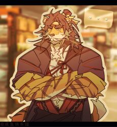 Rule 34 | ..., 1boy, absurdres, animal ears, arknights, bara, crossed arms, currycat24, furry, furry male, headband, highres, huai tianpei (arknights), long hair, looking at viewer, male focus, mouth hold, solo, stalk in mouth, tail, thick eyebrows, tiger, tiger ears, tiger tail, veins