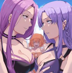 Rule 34 | 3girls, ahoge, annoyed, bikini, blue eyes, blue hair, braid, breasts, cleavage, closed mouth, collar, command spell, eye contact, facial mark, fate/grand order, fate/stay night, fate (series), female focus, forehead mark, frown, fujimaru ritsuka (female), fujimaru ritsuka (female) (brilliant summer), grabbing, grabbing another&#039;s breast, groping, hair ornament, hair scrunchie, highres, large breasts, long hair, looking at another, matching hair/eyes, medea (fate), medusa (fate), medusa (rider) (fate), multiple girls, nikumaki43, o-ring, o-ring bikini, official alternate costume, one side up, orange bikini, orange eyes, orange hair, orange scrunchie, pointy ears, purple eyes, purple hair, scrunchie, side braid, side ponytail, square pupils, striped bikini, striped clothes, swimsuit, upper body, v-shaped eyebrows, very long hair