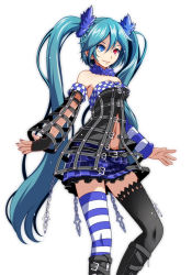 Rule 34 | 1girl, alternate eye color, asymmetrical gloves, asymmetrical legwear, black footwear, black gloves, black thighhighs, blue eyes, blue hair, blue skirt, boots, breasts, choker, cleavage, closed mouth, detached sleeves, fingerless gloves, floating hair, frilled skirt, frills, gloves, hair ornament, hatsune miku, heterochromia, highres, knee boots, long hair, medium breasts, midriff, miniskirt, navel, plaid, plaid skirt, project diva (series), red eyes, rockin stone (module), sideboob, simple background, single glove, skirt, smile, solo, standing, stomach, striped clothes, striped thighhighs, thighhighs, tsukishiro saika, uneven gloves, uneven legwear, very long hair, vocaloid, white background